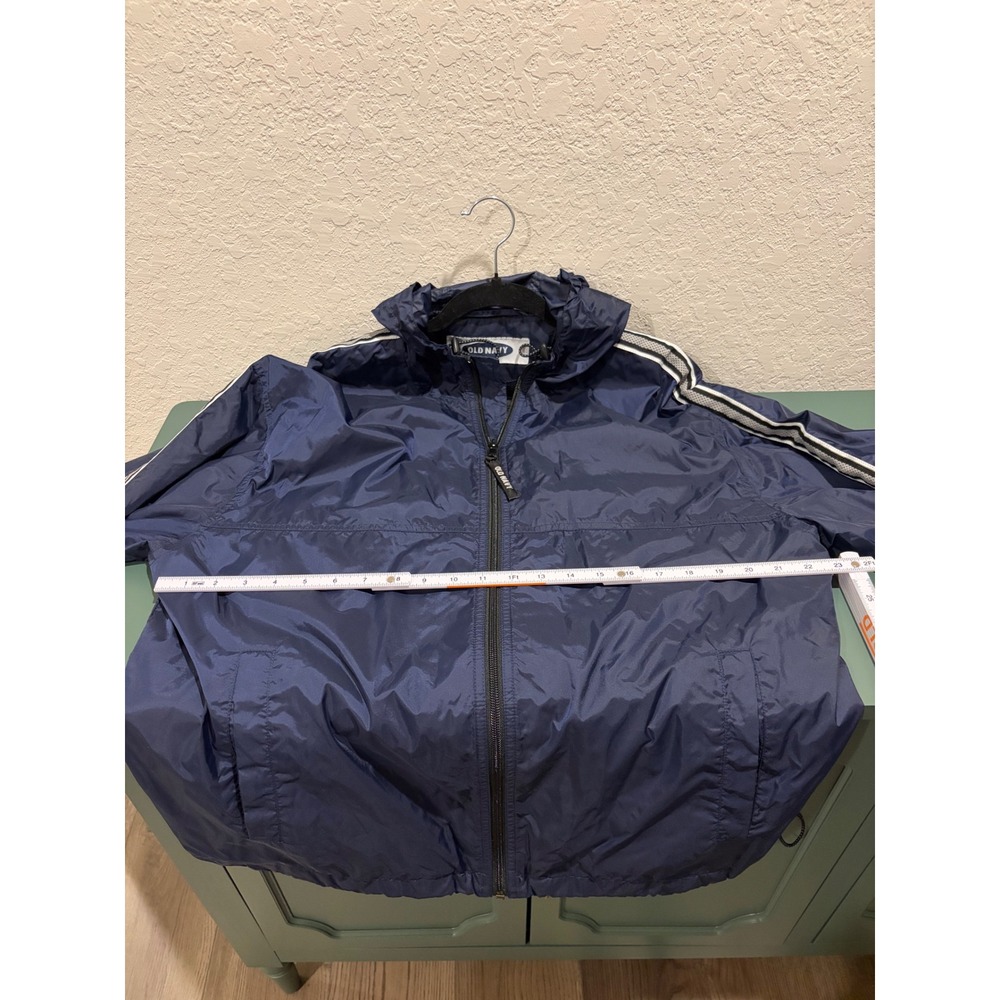 Vintage Old Navy Mens Windbreaker Jacket Navy Blue Striped Sleeve Hooded - Picture 6 of 7